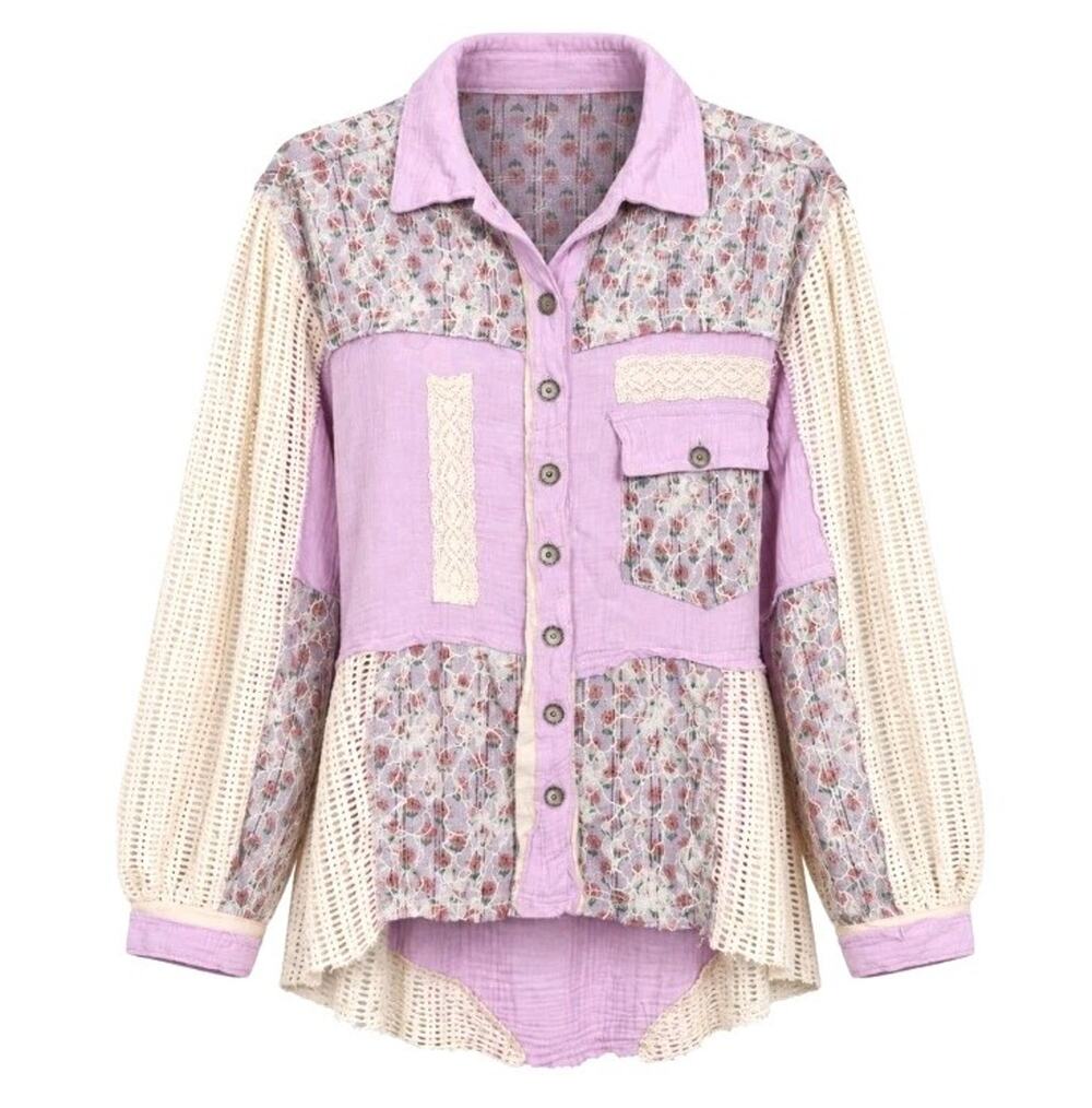 POL Patchwork Shacket Top Lavender Floral Lace Crochet Boho Cottagecore Medium
